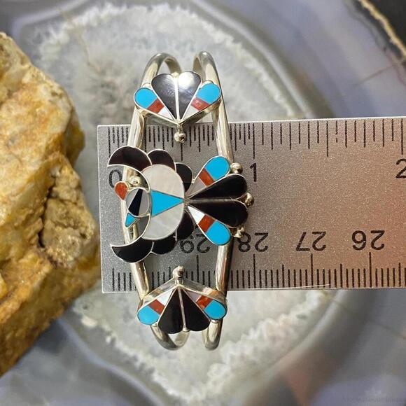 Beon Wallace Zuni Native American Sterling Multi Stones Inlay Thunderbird Cuff - Picture 10 of 10